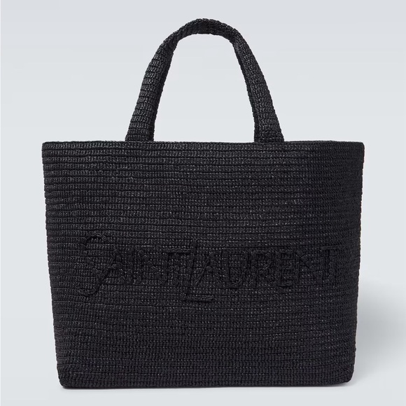 Ysl saint laurent large raffia tote shopper bag travel beach black  bag $2550 - Picture 1 of 11